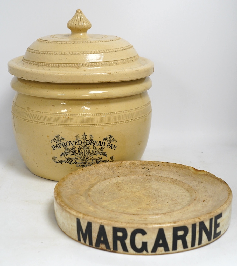 A Victorian Doulton Lambeth Improved Bread Pan, 32cm high, together with a Victorian pottery circular Margarine stand, 30cm diameter. Condition - poor to fair